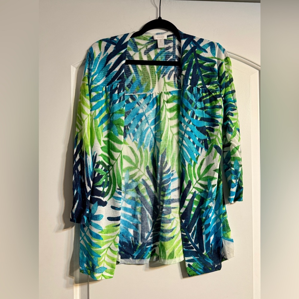 Chico's Tropical Palm Leaf Cardigan Women Size 2 Green Blue Excellent Open Front